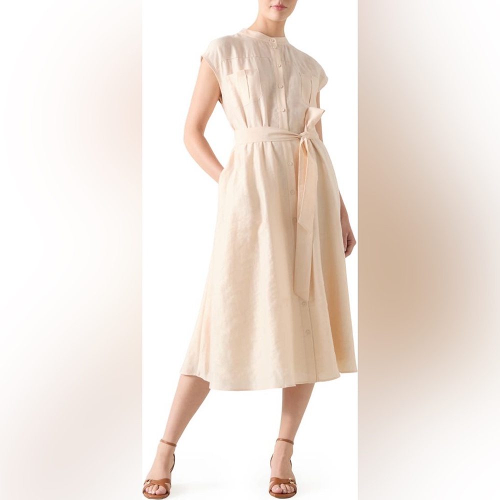 LK Bennett Fran Belted Shirtdress Midi‎ Linen Button Front Tan Beige Size 6